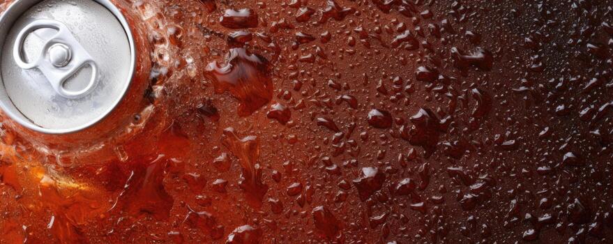 Overhead shot revealing an icy can of cola with droplets forming on its sleek surface, condensation hinting at the refreshing chill within. photo