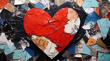 A collage of different textures and patterns, all coming together to form the shape of a heart, representing the idea of a persons heart being made up of different experiences and photo