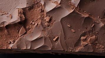 A closeup of a bittersweet chocolate bar, showcasing its rough, rustic texture. photo