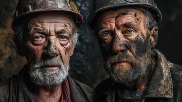 A portrait of a miner before and after a days work, showcasing the transformative effect of being covered in coal dust and sweat. photo