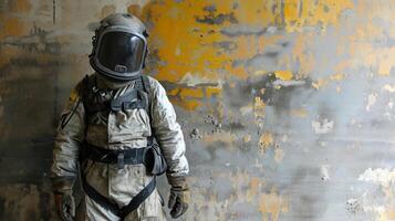 A wideangle shot of the sandblaster in their full protective suit, standing in front of a wall that has been effectively cleaned of any debris. photo
