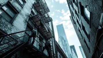 A side profile shot of a parkour athlete scaling a fire escape ladder with the helmet visible and the city skyline in the backdrop. photo