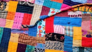 A colorful patchwork quilt, sewn together by hand with a variety of fabrics, making each stitch and pattern a representation of the makers creativity and dedication. photo