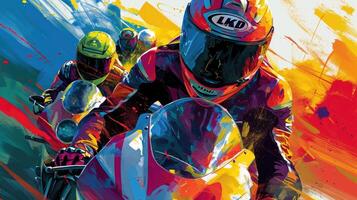 Fueled by Speed A colorful portrait of a motorcyclist in their racing gear, surrounded by their team and the energy of race day. photo