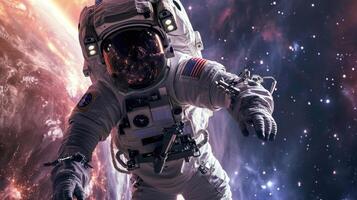 The astronaut holds onto the edge of their helmet, their body suspended in zero gravity as they peer out into the stars. photo