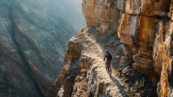 In a daring move, the biker tackles a narrow ridge, surrounded by rugged cliffs and breathtaking views. photo