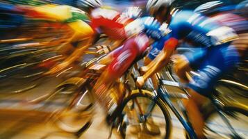 The blur of colorful helmets and jerseys as cyclists race past each other on the track photo