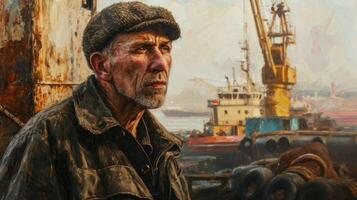 A portrait of the dockworker looking off into the distance, a look of contemplation on his face as he surveys the busy port. photo