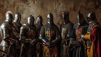 A group of knights posing for a portrait, each displaying a different coat of arms on their armor, representing their families and allegiances. photo