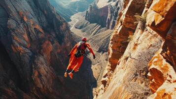 An aerial shot of the base jumper soaring through a canyon in their vividly colored wingsuit. photo