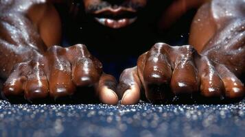 The hands of a sprinter gripping the starting blocks tightly showcasing the strength and agility required for the sport photo