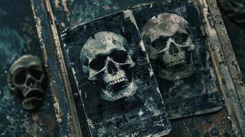 Moody and dark ticket design incorporating skulls and distressed textures for a Halloween event photo