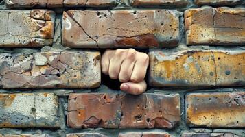 A simple yet powerful image of a clenched fist breaking through a brick wall symbolizing the resilience and defiance portrayed in the lyrics of this punk rock album photo