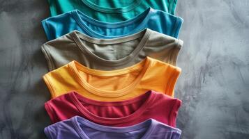 Flat lay mockup of a stack of colorful tank tops organized by color. Great for showcasing your variety of options and color choices photo