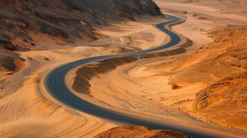 As the road winds through the barren desert the mesmerizing mirage remains everpresent drawing travelers further into its grasp. . AI generation photo