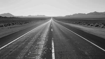 The vastness of the barren desert is reflected in the empty lanes of the highway. With no other cars in sight the sense of isolation . AI generation photo