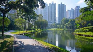 In the midst of a bustling cityscape a narrow road winds through a serene park. The meticulously maintained greenery and tranquil . AI generation photo