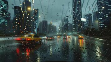 The city skyline is transformed into a dreamlike mirage as rain pelts down and turns the roads into shimmering pools. . AI generation photo