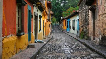 The cobblestone streets of an ancient town are lined with colorful buildings each boasting unique patterns and textures. . AI generation photo