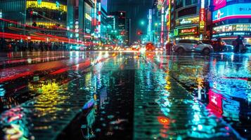 A busy intersection is awash in city lights and wet pavement creating a mesmerizing dance of reflections. . AI generation photo