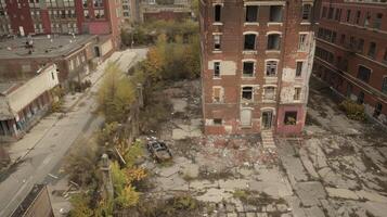 Dilapidated buildings loom in the distance their broken windows and crumbling walls standing as silent witnesses to the abandonment . AI generation photo