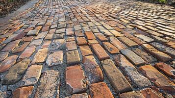On this historic road layers of bricks reveal the changing styles and techniques of construction showcasing the evolution of technology . AI generation photo
