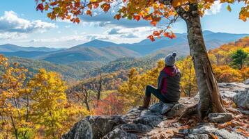 A woman sits on a large rock back facing the camera as leans against a tree and takes a moment to rest during hike through . photo