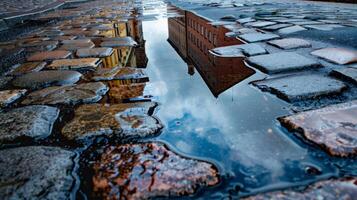 Rain puddles reflect the old buildings that line the cobblestone road hinting at the history and stories held within their walls. . AI generation photo