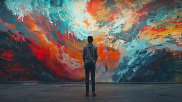 A lone individual stands in front of a striking and thoughtprovoking mural back turned to the camera as they take a moment to . photo