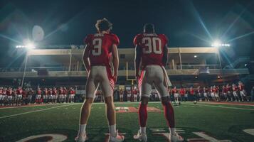 Two athletes stand side by side backs to the camera as they stretch out muscles before a big game. They are both clad . photo