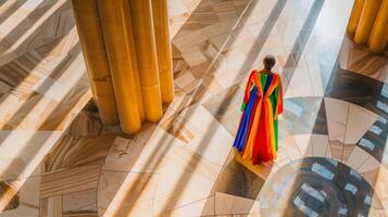 A lone figure stands at the center of the lobby facing away from the camera. The vibrant colors of abstract dress stand out . photo