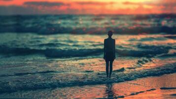 A lone figure stands on the shoreline back facing the camera as they contemplate the mysterious and colorful world beneath the . photo