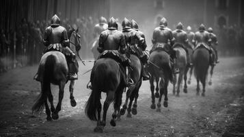 A line of armored horses backs to the camera gallop towards the jousting field. powerful muscles rippling under . photo