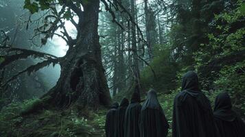 A group of hooded figures stands together backs to the camera as they face a huge ancient tree. In the stillness of the forest . photo