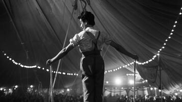 A tightrope walker balancing on one foot back turned to the crowd as they stare fearlessly at the distant peak of the circus . photo