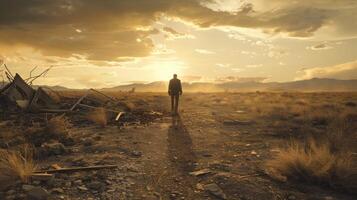 In a desolate landscape a lone figure walks towards the horizon with their back to the camera. The destruction behind them is evidence . photo