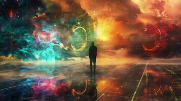 Against a backdrop of otherworldly colors and patterns a figure stands with their back to the camera seemingly lost in thought as . photo