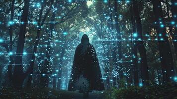 A mysterious person dressed in a cloak stands with their back to the camera as they explore the depths of the glowing digital forest . photo