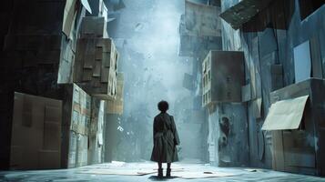 A lone figure stands on a stylized street with towering buildings made of cardboard and paper mache. Dressed in a worn trench coat . photo