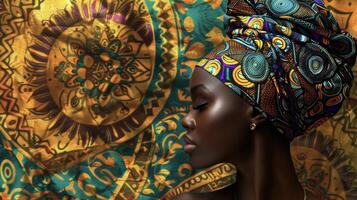 The image of a beautiful black woman is captured in profile her dark skin glowing against a backdrop of vibrant fabric. She wears a headwrap adorned with intricate patterns symbols photo
