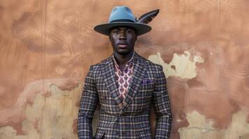 A dapper black man stands in front of a rustic adobe wall dressed in a tailored suit with a subtle geometric pattern reminiscent of pottery. His widebrimmed fedora is topped photo