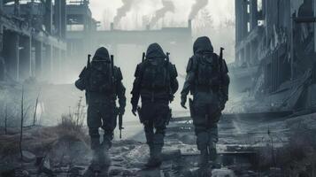 Three people their faces obscured by gas masks walking away from the camera with weapons at the ready as they navigate through the . photo