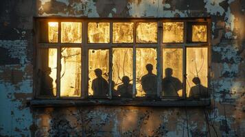 Silhouettes of people facing away from the camera can be seen through the windows of a dilapidated building their shadows a haunting . photo