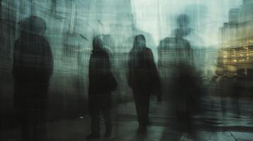 A group of blurred figures facing away from the camera their dark silhouettes merging with the muted tones of the faded building behind . photo
