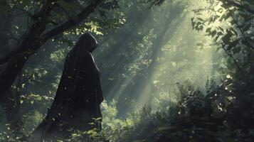 A mysterious hooded figure stands at the edge of the glade their face hidden as they observe the reunion with a sense of caution. . photo