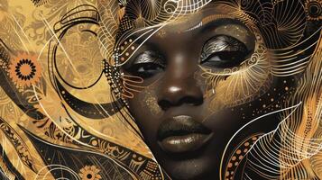 In this stunning portrait a regal black woman emanates an aura of otherworldly beauty and sophistication. Adorned with intricate and abstract patterns she seems to be an enigma waiting photo