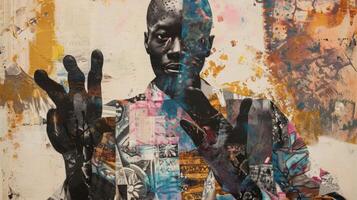 A mysterious black man appears larger than life with an exaggerated head and protruding hands that seem to reach out of the frame. He wears an outfit of mismatched patterns and colors photo