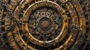 A collage of intricate patterns and symbols from various cultures with a chain of biofuel symbols running through the center. photo