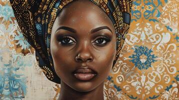 un hermosa negro mujer es representado con cautivador elegancia en esta retrato su cara adornado con agraciado curvas y intrincado geométrico diseños inspirado por islámico motivos el foto