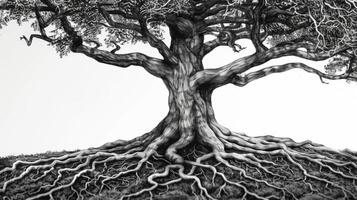 A black and white sketch of a tree its gnarled roots delving deep into the earth representing the natural source of the biofuel molecules depicted within its branches. photo